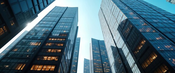 Poster - Modern high-rise buildings with geometric shapes, reflective glass facades. City skyscrapers with contemporary design. Urban exterior view. Tech structure in downtown. Geometric symmetry. Minimalist