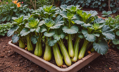 Aufkleber - Tray of green vegetables including celery and broccoli. The vegetables are in a garden setting