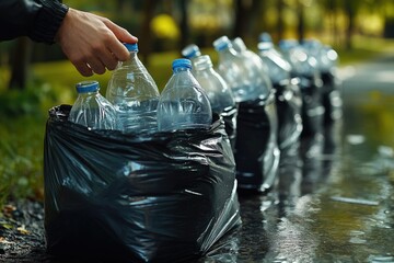 Poster - A person picking up plastic bottles from a line of trash bags, highlighting the importance of recycling and conservation