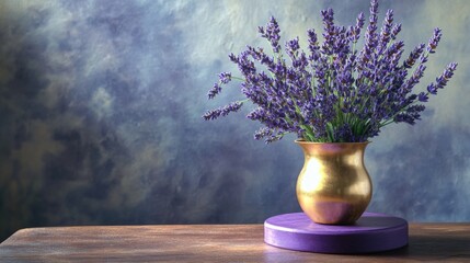 Poster - A gold vase filled with purple flowers sits on a wooden table