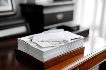 A beautifully arranged stack of old letters placed in an exquisite wooden holder, emphasizing the value of written words and the stories they carry from the past.