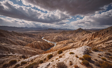 Poster - Desert landscape with a river running through it. The sky is cloudy and the sun is shining through the clouds