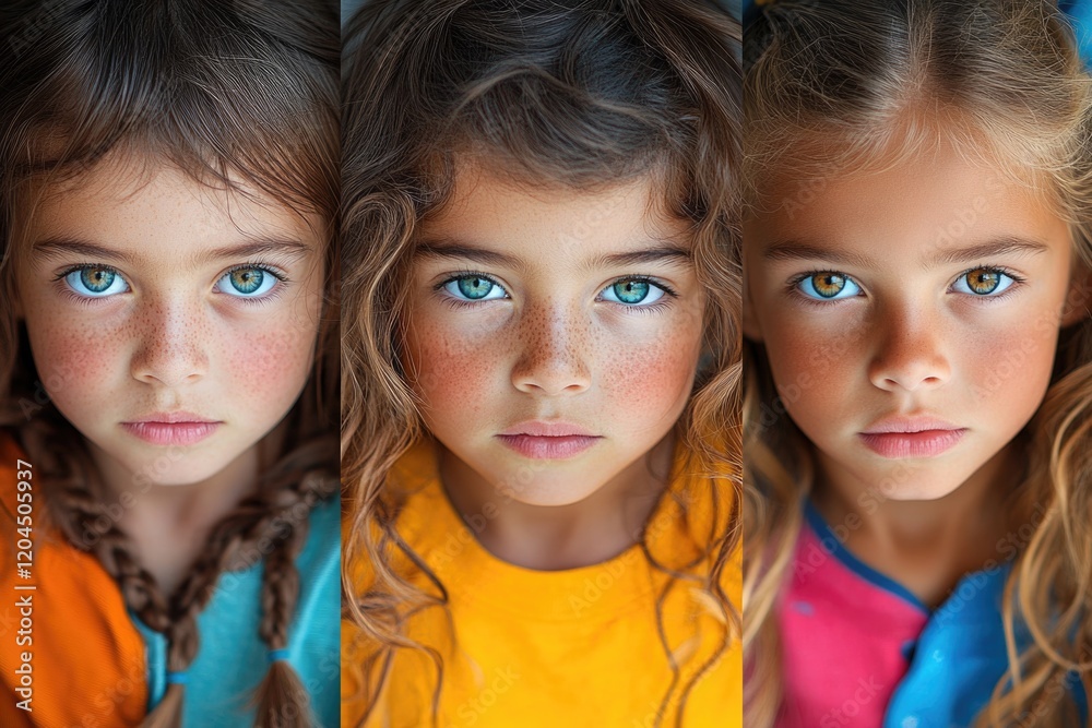 Three young girls with freckled skin, smiling at the camera Stock Photo ...