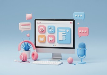 Fototapete - A 3D illustration of a digital workspace featuring a large monitor displaying app icons with geometric shapes