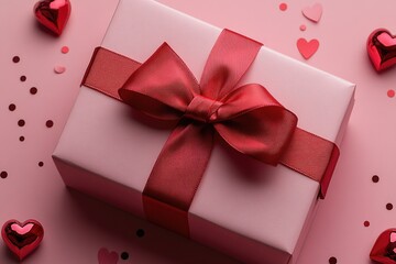 Poster - A beautifully presented gift box adorned with a red ribbon and hearts on a pink background, perfect for romantic occasions or Valentine's Day