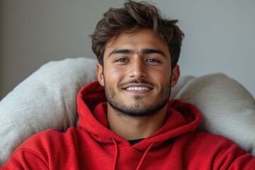 Poster - A person wearing a red hoodie sits on a couch, possibly indoors