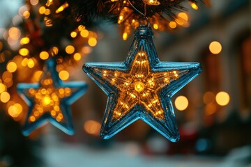 Poster - A close-up view of a shiny star ornament hanging from a tree branch, perfect for winter or holiday themes