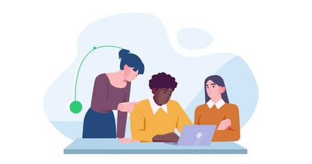 Poster - Business teamwork. Moving banner with team of office workers or colleagues working on laptop and discussing project in meeting. Collaboration and cooperation. Cartoon flat animated graphics