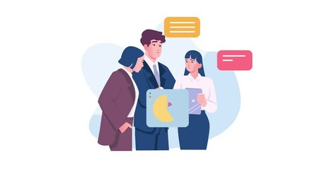 Poster - Business teamwork. Moving banner with team of financial consultants analyzing company charts, graphs and statistics to produce report. Collaboration and partnership. Cartoon flat animated graphics