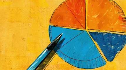 Poster - Colorful pie chart illustration with pen on yellow background, representing data analysis and statistics in creative way