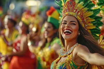 Aufkleber - A happy woman wearing a vibrant costume with a bright smile