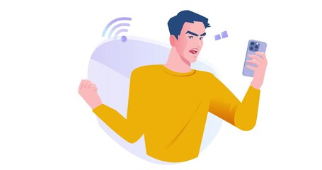 Wall Mural - social media user. moving banner with angry man unhappy about lack of internet connection on smartph
