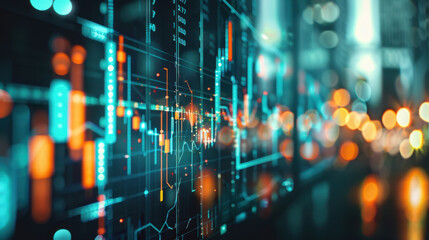 Poster - Digital financial data visualization with glowing graphs and charts