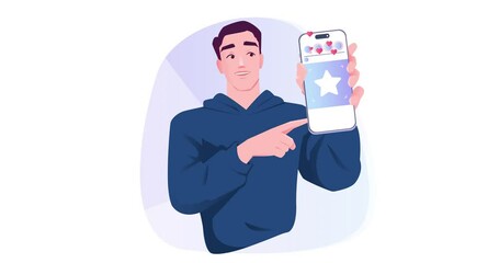 Poster - Social media user. Moving banner with man pointing his finger at smartphone screen. Character shows post on social networks. Digital Marketing. Cartoon flat animated graphics