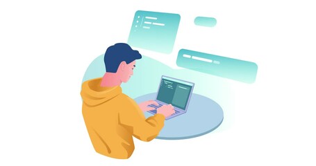 Poster - software development. moving banner with male programmer sitting at his desk and creating website or