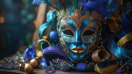 Poster - A close-up shot of a mask sitting on a table, perfect for use in still life photography or as a prop in creative projects