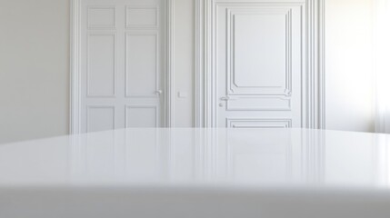 Aufkleber - A simple white table in a quiet room with a closed door at the back