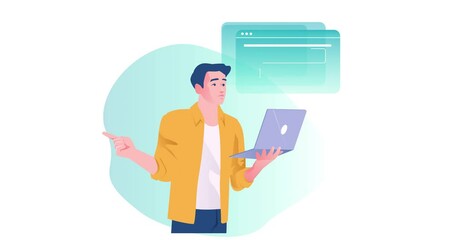 Poster - software development. moving banner with male programmer creating digital program, testing code and 