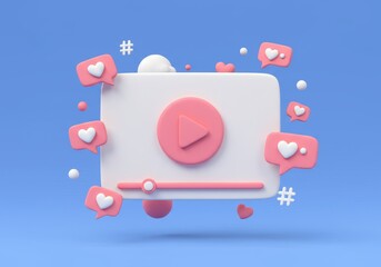 Fototapete - A 3D illustration of a video player interface featuring a pink play button and a progress bar