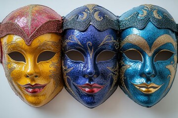 Aufkleber - A group of three masks sitting side by side, representing various personas or characters