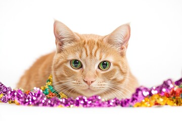 Poster - A domestic orange cat relaxes on a colorful bed of beads