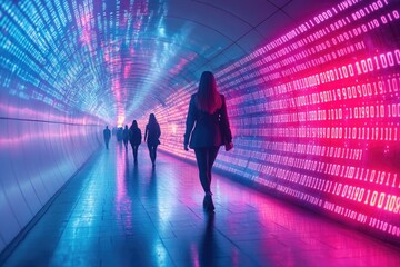 Poster - A group of people walking together through a dark tunnel
