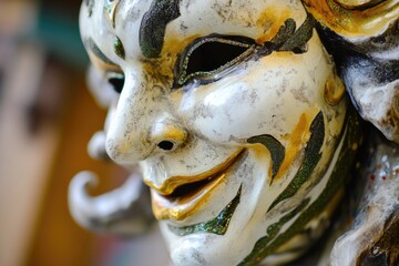 Poster - A close-up shot of a statue depicting a person wearing a mask, suitable for use in art, history or mystery-themed contexts