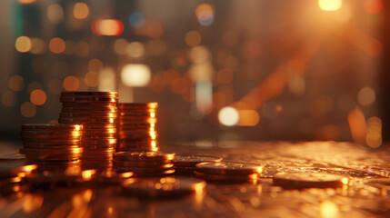 Poster - Golden coins stacked on table with blurred city background, creating warm and inviting atmosphere. soft bokeh effect enhances financial theme