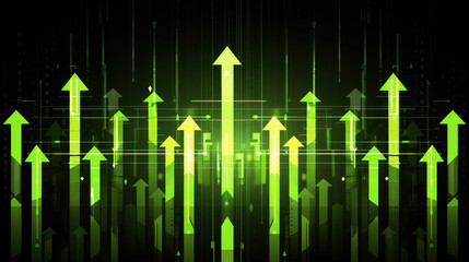 Poster - Green upward arrows representing growth and progress in digital environment. vibrant design conveys sense of innovation and advancement