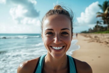 Poster - Woman stands on a beach next to the ocean, enjoying the view
