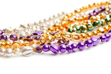 Poster - A close-up shot of a group of colorful beads sitting on a white background, ideal for use in design or packaging projects