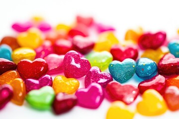 Poster - A colorful pile of candy hearts on a white surface, perfect for Valentine's Day or romantic occasions