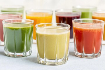 Aufkleber - Row of colorful fruit juices in glasses, ideal for marketing or food-related concepts