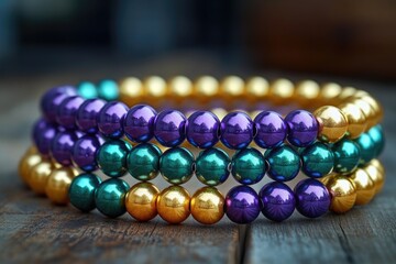 Poster - A close-up view of a selection of beads on a table, suitable for various uses such as crafting or product displays