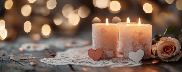 Soft candlelight glows with pink hearts, creating a romantic atmosphere for a special evening celebration. Social media banner template.