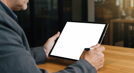 businessman using tablet with blank screen for design mockup device tablet with blank screen for des
