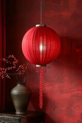 Poster - A vibrant red lantern hangs from a chain, casting a warm glow in a cozy room. Nearby, a dark vase holds delicate branches adorned with red berries, enhancing the inviting atmosphere.