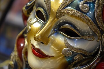 Aufkleber - A close-up shot of a mask sitting on a table, great for use in various contexts where a mysterious or hidden identity is required