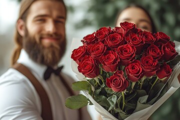 Aufkleber - A man holds a bouquet of fresh red roses, perfect for romantic occasions or as a symbol of love and appreciation