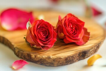 Wall Mural - A still life image of three red roses arranged on a wooden board, with a simple and elegant composition