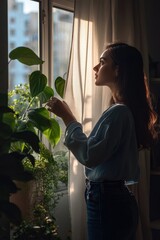 Poster - A woman stands in front of a window, holding a plant and possibly admiring the view