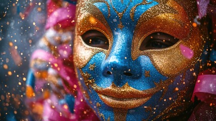 Aufkleber - A detailed view of an individual wearing a distinctive blue and gold mask, ideal for uses such as costume design or cultural representation