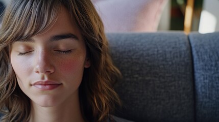 Poster - A person relaxing on a sofa with eyes shut, possibly meditating or daydreaming