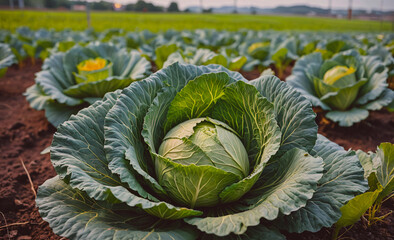 Poster - Large head of cabbage sits in a field of green plants. The cabbage is surrounded by other vegetables, including broccoli and cauliflower. The scene is peaceful and serene, with the plants growing in a