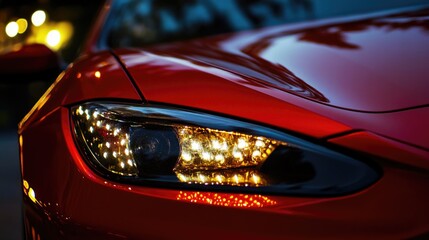 Aufkleber - A close-up shot of the bright red car's headlights, suitable for use in automotive or travel-related contexts