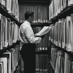 Poster - Person sitting and reading a book in a quiet library setting, possibly for research or personal enjoyment
