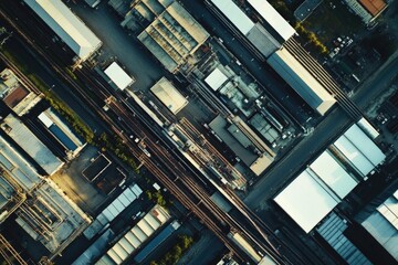 Aufkleber - Aerial view of a train track surrounded by buildings, suitable for illustrations about transportation or urban planning