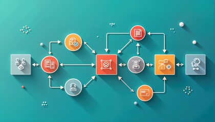 Aufkleber - Business process workflow visualizes management, project approval. Stages include team approval, document review, manager validation, time-bound assurance, final approval. Illustrates steps in tech