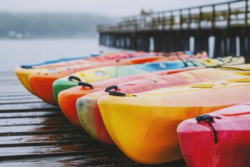 Poster - Row of kayaks on a dock, ready for use