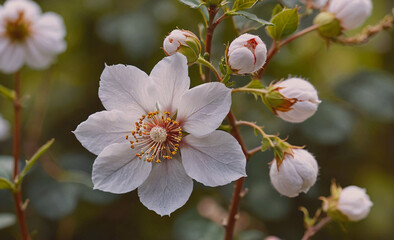 Poster - White flower with yellow centers is blooming on a green stem. The flower is surrounded by other flowers, creating a beautiful and serene scene